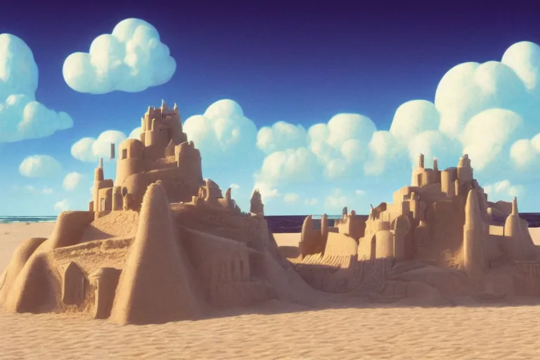 Image similar to a giant sand castle on a california beach, fluffy clouds, blue sky by magritte and beeple, digital painting, hyper detailed, masterpiece 4 k