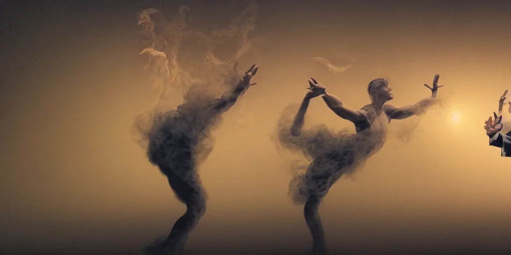 Image similar to Realistic render of an intricate and detailed Donald Trump dance duet made of smoke by Zdzisław Beksiński, floating in space,dream,reflections, dusty and smokey, 8k, ethereal, hyperrealism