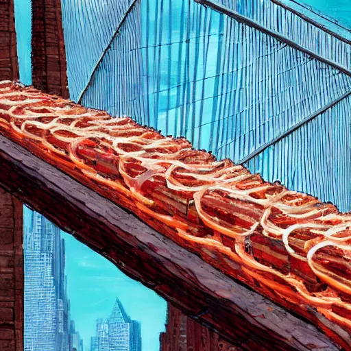 Image similar to the brooklyn bridge made of bacon by greg rutkowski and frank lloyd wright