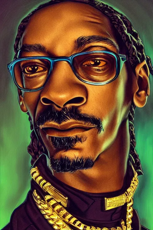 Image similar to Portrait of snoop dog as gangster, elegant, photorealistic, highly detailed, artstation, smooth, sharp focus, gold ornaments, neon lighting, sci-fi, art by Klimt