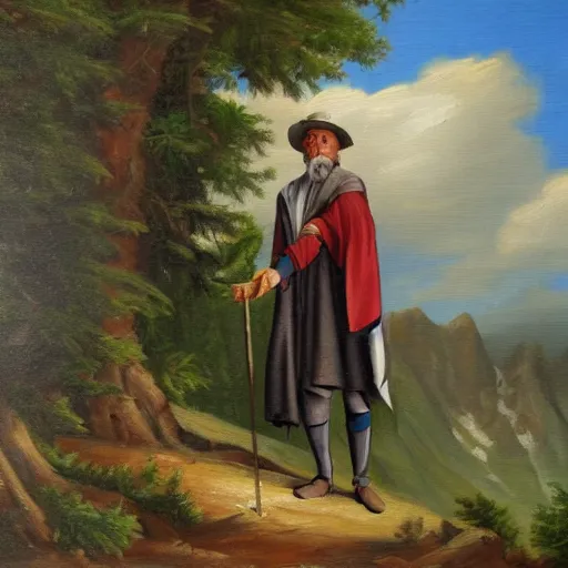 Image similar to a man in a grey cloak and brimmed hat with a staff travelling trough the mountains with trees, very detailed, colorful, oil painting, clouds