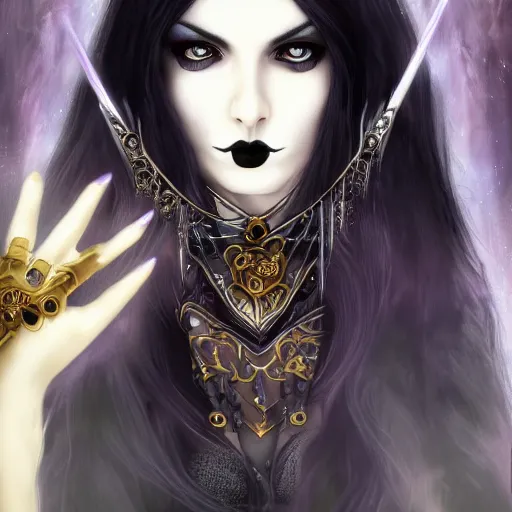 Image similar to a gothic sorceress, long black hair, golden eyes, digital art, highly detailed, high resolution, award winning