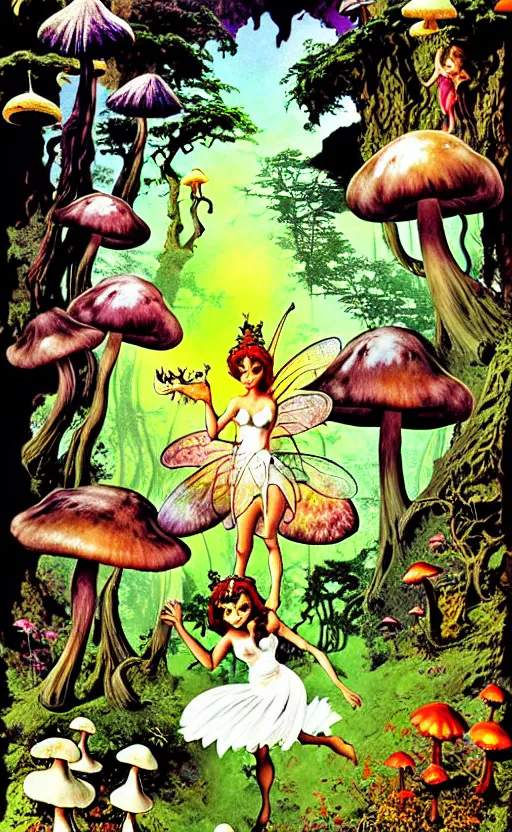 Image similar to fairies, enchanted forest, mushrooms on the ground, psychedelic, wide angle shot, white background, vector art, illustration by frank frazetta and salvador dali