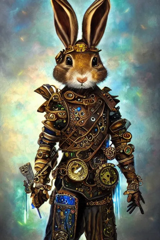 Prompt: ultra realist soft painting of a steampunk rabbit warrior, very intricate details, rainbow lighting, symmetry accurate features, fantasy background