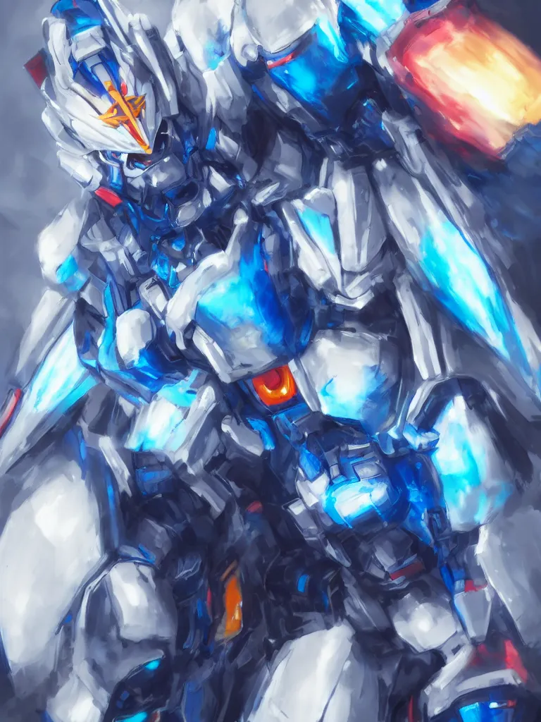 Image similar to A realistic anime portrait of a man in a Gundam suit with glowing blue, digital painting, by Stanley Artgerm Lau, Sakimichan, WLOP and Rossdraws, digtial painting, trending on ArtStation, SFW version