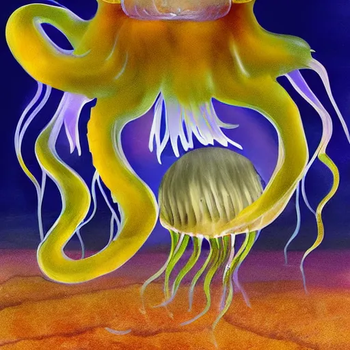 Prompt: a wolf-jellyfish-squid, digital painting, but as a wildlife photography