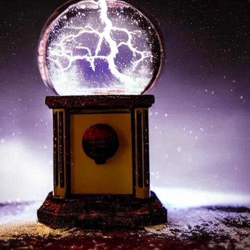 Image similar to a snow globe with a lightning storm inside. Atmospheric photography. Rich colors, dramatic lighting