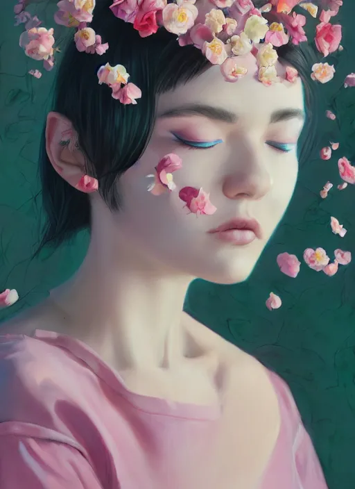 Prompt: still from music video, beautiful women blindfold, flowers, street clothes, full figure portrait painting by martine johanna, ilya kuvshinov, rossdraws, pastel color palette, 2 4 mm lens