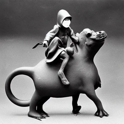 Prompt: a vintage photograph of the Grim Reaper riding a tiny hippo