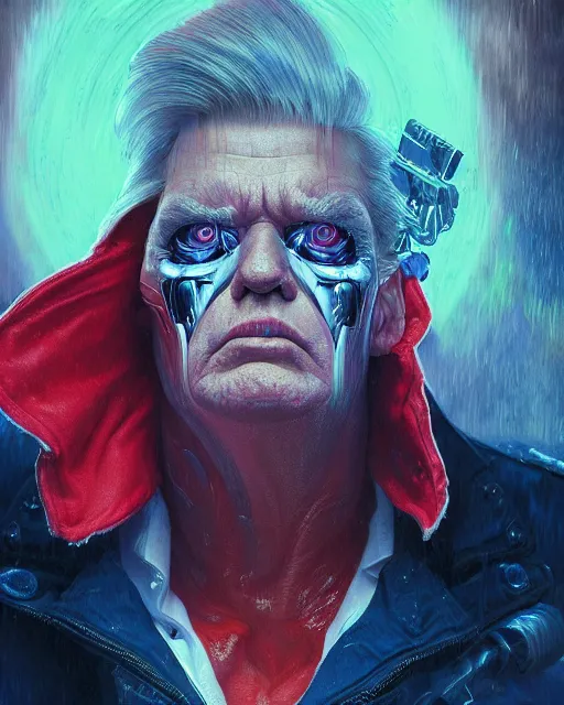 Image similar to highly detailed vfx portrait of donald trump as terminator, stephen bliss, unreal engine, greg rutkowski, loish, rhads, beeple, makoto shinkai and lois van baarle, ilya kuvshinov, rossdraws, tom bagshaw, alphonse mucha, global illumination, detailed and intricate environment