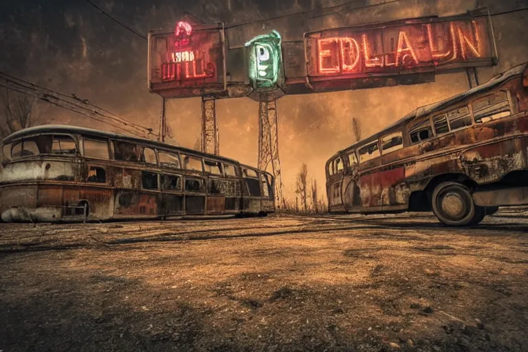 Prompt: low wide angle shot of dilapidated fallout 5 europa, retro futuristic euro cityscapes, desolate, dilapidated neon signs, few rusted retro futuristic vintage parked vehicles like cars, buses, trucks, trams, volumetric lighting, photorealistic, fog, daytime, autumn, overcast weather, sharp focus, ultra detailed, 4 0 0 0 k