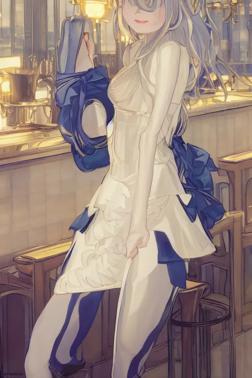 Prompt: A girl in a maid's outfit in a cafe a night, wavy white long hair, blue theme and eye-catching yellow assents ,S line,45 angel by krenz cushart and mucha and akihito yoshida and greg rutkowski ,nier:automata inspired ,4k resolution