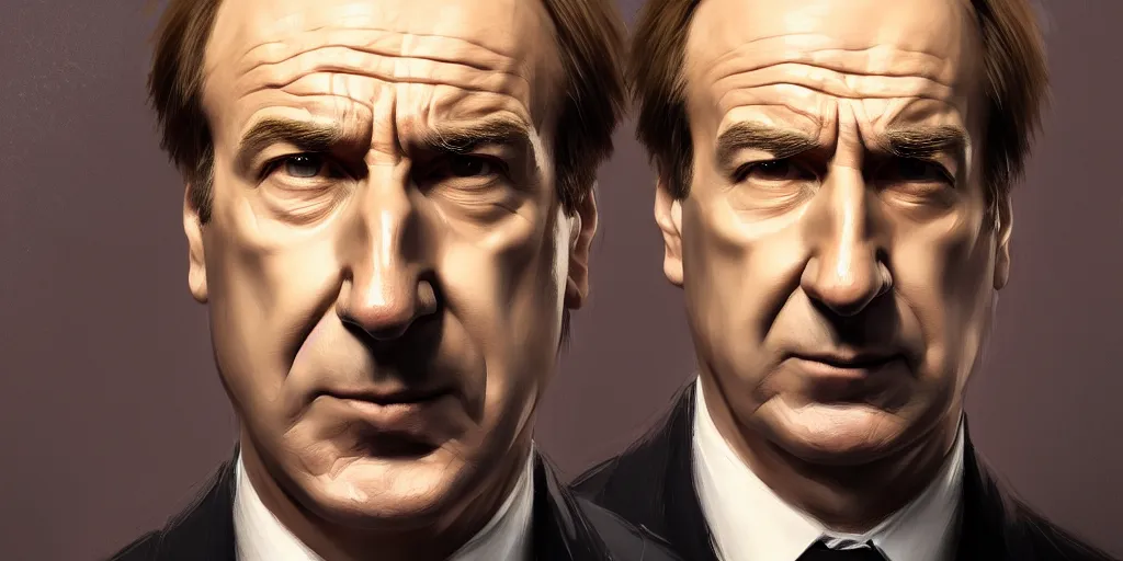 Image similar to ultra detailed facial close up of saul goodman in a lawyer suit, extremely detailed digital painting, in the style of fenghua zhong and ruan jia and jeremy lipking and peter mohrbacher, mystical colors, rim light, beautiful lighting, 8 k, stunning scene, raytracing, octane, trending on artstation