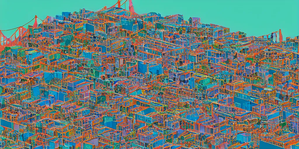 Image similar to isometric colorful 3D rendering of favelas surrounding San Francisco in 2038, Blender 3D, evening, lights on, electric wiring everywhere, shanties made of recycled material and corrugated metal. Panoramic