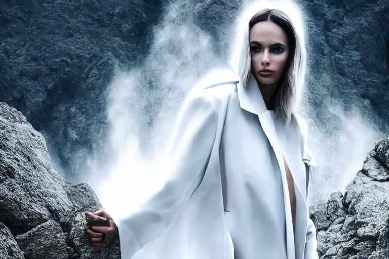 Prompt: a cinematic bust!!!!!! portrait of a beautiful model woman!!!!!! wearing long white futuristic coat, on the top of a mountain, large diffused light, neon light, 4 k, ultra realistic, dramatic lighting, rain, clouds, fog, vogue, fashion, glamour, magazine spread, by marco mazzoni and jessica rossier