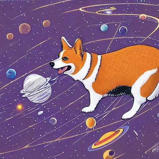 Prompt: corgi in outer space, space art, maximalist, futuristic, beautiful, stunning, extremely detailed illustration, moebius