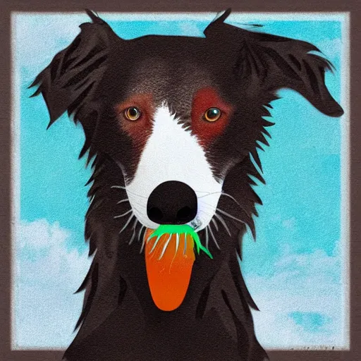 Image similar to Surrealistic digital art of a white and brown Border Collie dog with the Earth on his mouth