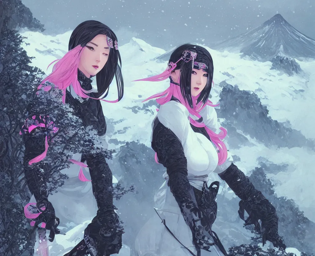 Prompt: portrait ninja gaiden girl, black plus little pink ninja wardrobe, at snowy fuji mountain sunrise, ssci - fi and fantasy, intricate and very very beautiful, detailed, digital painting, artstation, concept art, smooth and sharp focus, illustration, art by tian zi and wlop and alphonse mucha