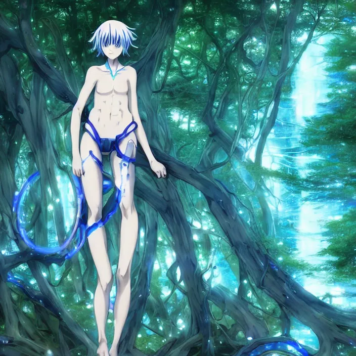 Image similar to rei ayanami, male anime character, in the woods, fractal, liminal space, Japan Lush Forest, technological rings, water dripping leaves blue rings faint turquoise glowing aura Leviathan awakening from Japan in a Radially Symmetric Alien Megastructure turbulent bismuth glitchart Luminism Romanticism by John William Waterhouse . Atmospheric Cinematic Environmental & Architectural Design Concept Art by Tom Bagshaw Jana Schirmer Jared Exposure to Cyannic Energy, Darksouls Concept art by Finnian Macmanus, Rei Ayanami, fractal recusion mandelbulb fractal wisdom acrylic pouring , by beeple, apophysis, aesthetic gradient, hyperdetailed landscape, sugar microscopic image, loop hole from Japan in a lush flora of water dripping leaves and echoing blue rings of sound emanating from the center of the screen with a faint turquoise glowing aura fractal pearlescent iridescent surrealist turbulent bismuth glitchart Luminism Romanticism by John William Waterhouse Beksinski Finnian MacManus Ruan Jia, cute anime girl with blue hair and red eyes, vtuber, lain iwakura, Hi-Fructose, Artstation, HD, HDR, High Resolution, 1024x1024