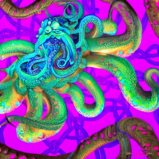 Image similar to a dramatic and beautiful digital matte painting of large iridescent octopus with legs made of fractal celtic knots, trending on cgartist, hi-fructose, mandala