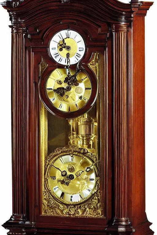 Image similar to an ornate grandfather clock, out of the clock's face time is pouring out