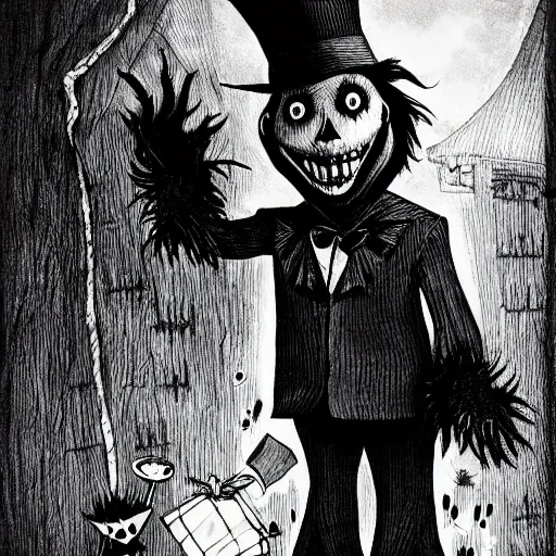 Image similar to a Pop Wonder scary horror themed goofy-hilarious-character Babadook-scarecrow-madhatter-williewonka-wearing a scarf, 3-piece-suit, dime-store-comic drawn with charcoal and pen and ink, half-tone-line-stacking