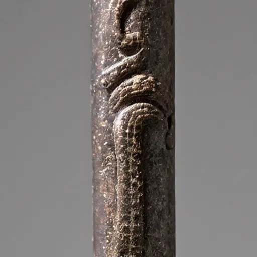 Prompt: Bronze 1500BCE Canaanite pole with serpent carving at the top. 40mm lens, shallow depth of field, split lighting