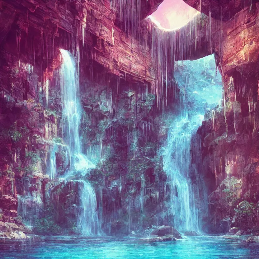 Prompt: a waterfall in the interior of a ancient arabian structure, epic retrowave art, trending on art station