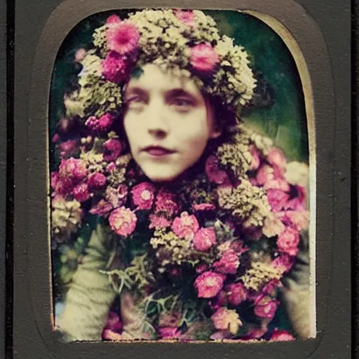 Image similar to portrait of a beautiful woman covered in flowers, Forest, ray gods, 1910 polaroid photography