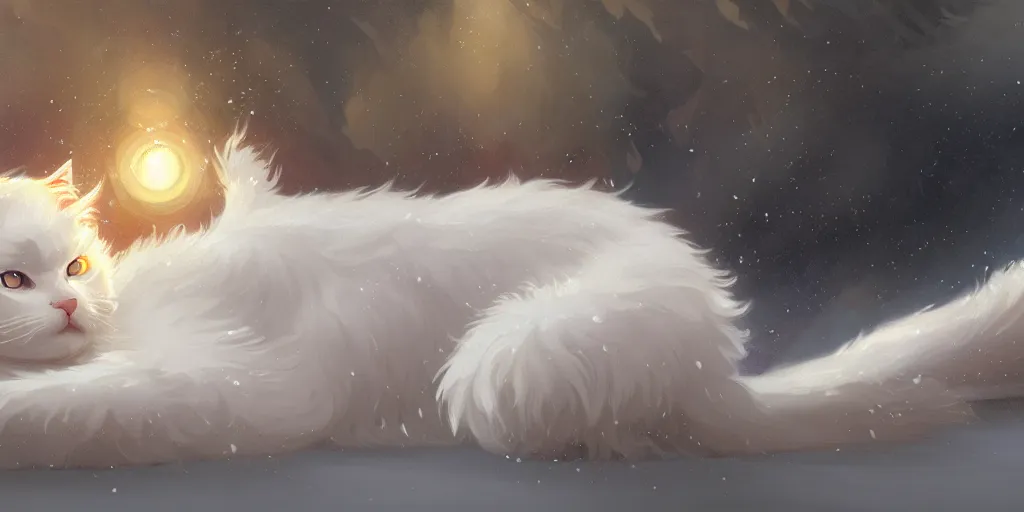 Image similar to panoramic shot of a beautiful ancient white fluffy cat, eye fire, snow glow, snowfall, highly detailed, digital painting, artstation, sharp focus, illustration, art by tan zi and ayanamikodon and alphonse mucha and wlop