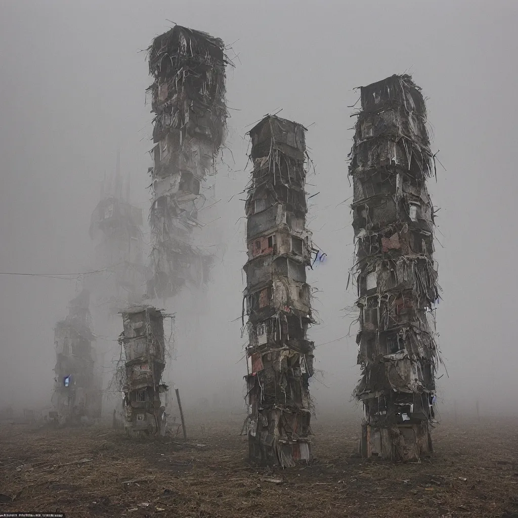 Image similar to two towers, made up of makeshift squatter shacks with faded colours, uneven dense fog, dystopia, mamiya, f 1 1, fully frontal view, photographed by jeanette hagglund