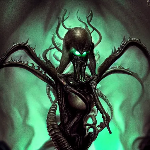 Prompt: xenomorph queen human hybrid, dragon eggs, dark emerald mist colors, giger void liminal backfill, realistic, award winning photograph, micro macro refine