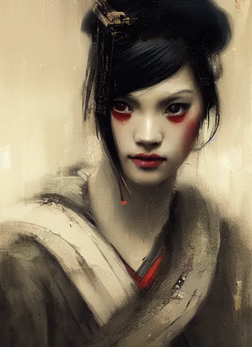 Image similar to female geisha girl, beautiful face, bladerunner, rule of thirds, intricate outfit, spotlight, by greg rutkowski, by jeremy mann, digital painting