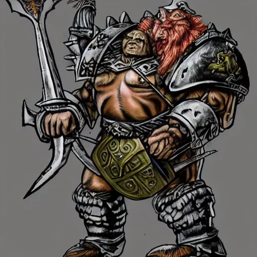 Image similar to ogre warrior wearing plated armor who is holding a battle axe in the style of warhammer fantasy : : head and torso drawing