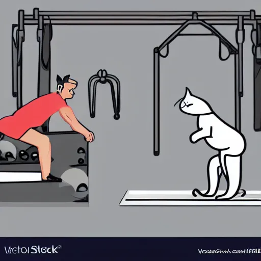 Prompt: the cat trainer looks at the man as he works out in the gym, vector style