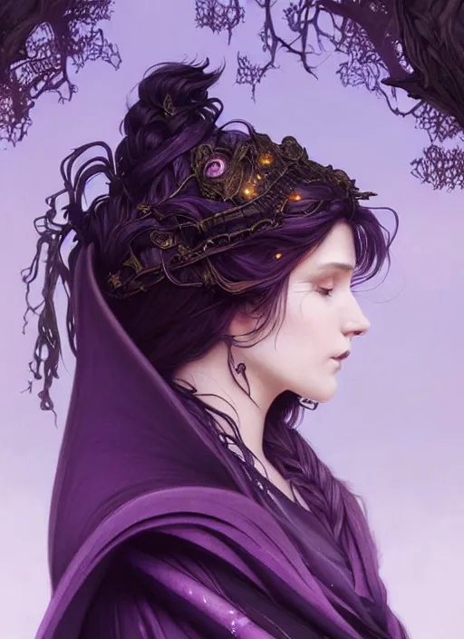 Image similar to side portrait beautiful young female model, witchy outfit large cloak, fantasy forest landscape, dragon scales, fantasy magic, undercut hairstyle, short purple black fade hair, dark light night, intricate, elegant, sharp focus, illustration, highly detailed, digital painting, concept art, matte, art by wlop and artgerm and greg rutkowski and alphonse mucha, masterpiece