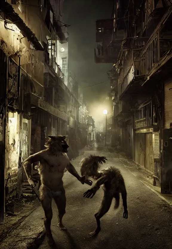 Image similar to a werewolf fighting a vampire in a dark brisbane alley, hd digital photography by gregory crewdson, hdr.