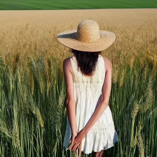 Prompt: a magazine photo of a young woman wearing a sundress and straw hat, walking through a field of wheat, her hand grazing on the wheat as she walks by, looking back over her shoulder, shot from behind, three quarter portrait