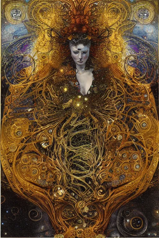 Prompt: Divine Chaos Engine by Karol Bak, Jean Deville, Gustav Klimt, and Vincent Van Gogh, visionary fractal structures, ornate gilded medieval icon, spirals