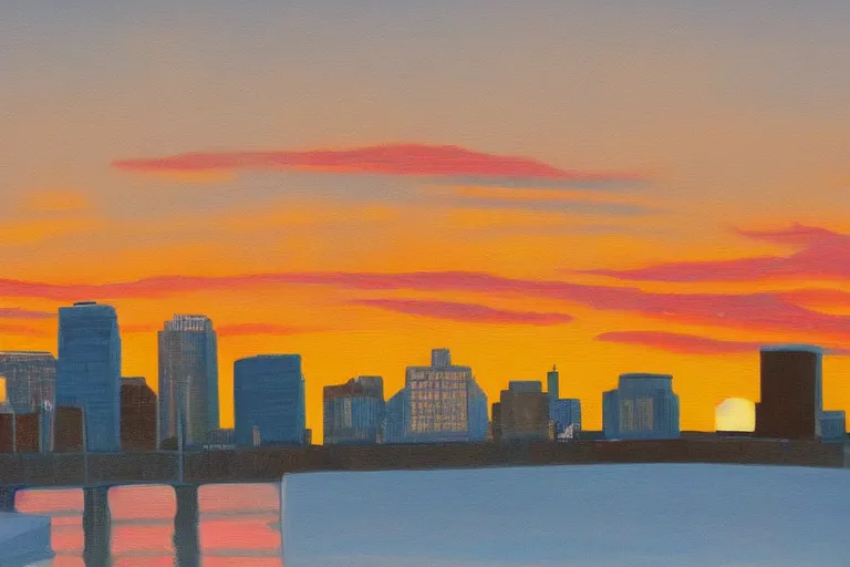 Prompt: winnipeg skyline, sunset, painting by ay jackson, group of seven, 4 k