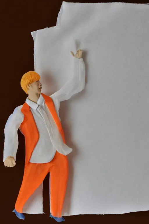 Prompt: a scene depicting a orange haired character wearing a voluminous suit made from linen and transparent plastic, acrylic, super detailed, soft light