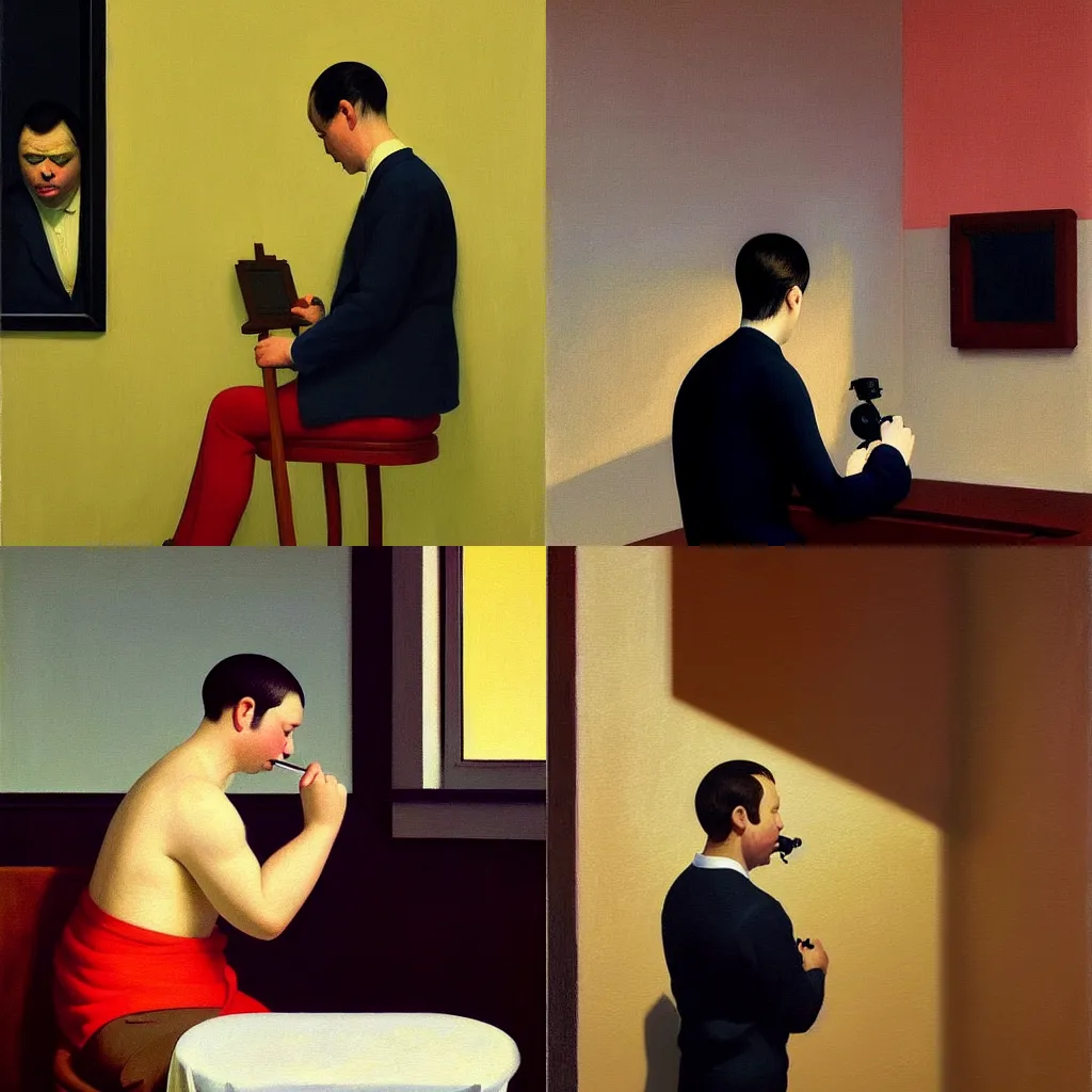 Prompt: an award - winning masterpiece painting of a man getting ready to commit suicide on a twitch live stream, by joan cornella, by greg rutkowski, by edward hopper, dark comedy, humor, satire, trending on artstation, featured on pixiv, cinematic composition, beautiful lighting, detailed, hd,