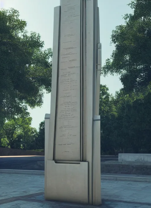 Image similar to highly detailed realistic architecture 3 d render of a futuristic metallic stele monument in frank lloyd wright style standing in city park, archdaily, made in unreal engine 4 octane render