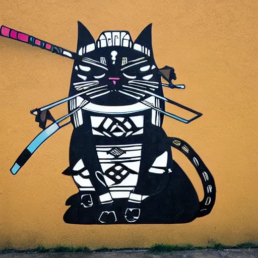 Image similar to samurai cat playing futuristic synth, street art