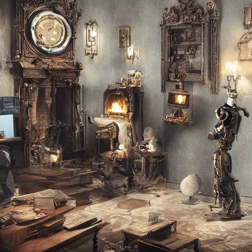 Image similar to “a lonely robot reads a book near a fireplace in a Victorian home., IMAX 70mm footage”