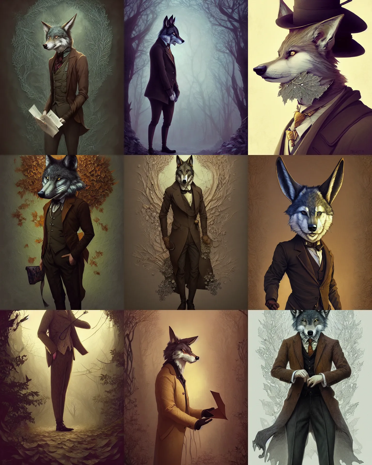 Prompt: anthropomorphic art of a detective wolf, victorian inspired clothing by artgerm, victo ngai, ryohei hase, artstation. fractal paper, leaves. highly detailed digital painting, smooth, global illumination, fantasy art by greg rutkowsky, karl spitzweg