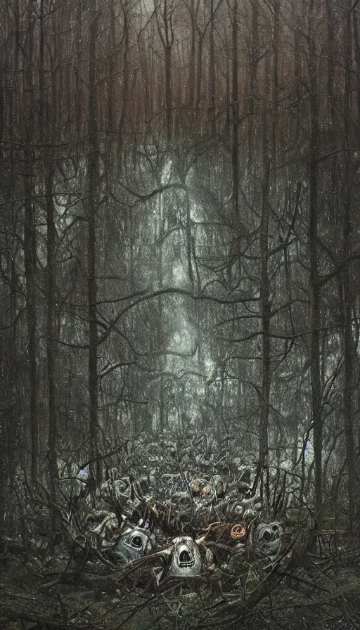Image similar to a storm vortex made of many demonic eyes and teeth over a forest, by alyssa monks
