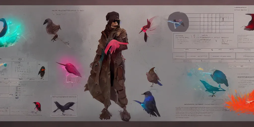 Image similar to bird is ok with the situation, character sheet, colorful, contrast, 3 d scene, greg rutkowski, zabrocki, karlkka, jayison devadas, trending on artstation, 8 k, ultra wide angle, zenith view, pincushion lens effect