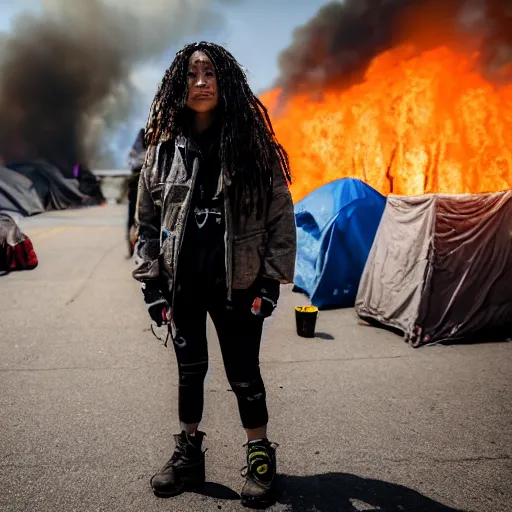 Image similar to Candid extreme wide shot of a poor techwear mixed woman with tattoos outside of a futuristic Los Angeles on fire, homeless tents on the side of the road, military police, cyberpunk, 4k, extreme long shot, desaturated, full shot, action shot, motion blur, sigma 85mm f/1.4, high resolution, 4k, 8k, hd, full color, important moment in history, award winning photography