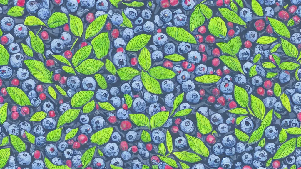 Image similar to artistic medium close-up knee height horizontal stylized digital drawing of bushes with blueberries in a forest. Digital art. Rustic. Nordic. 4K. Trending on artstation. Leafy. Extremely detailed. Nature. Artistic. Wild.